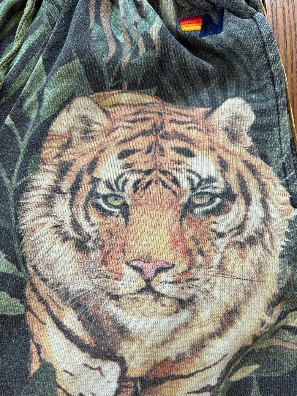 Aviator Nation Green Tropical Tiger Print Unisex Shorts with Red Accent - Picture 15 of 16
